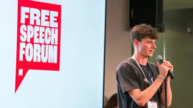 FIRE staffer Jack Povilaitis speaks at the 2025 Free Speech Forum at American University in Washington DC